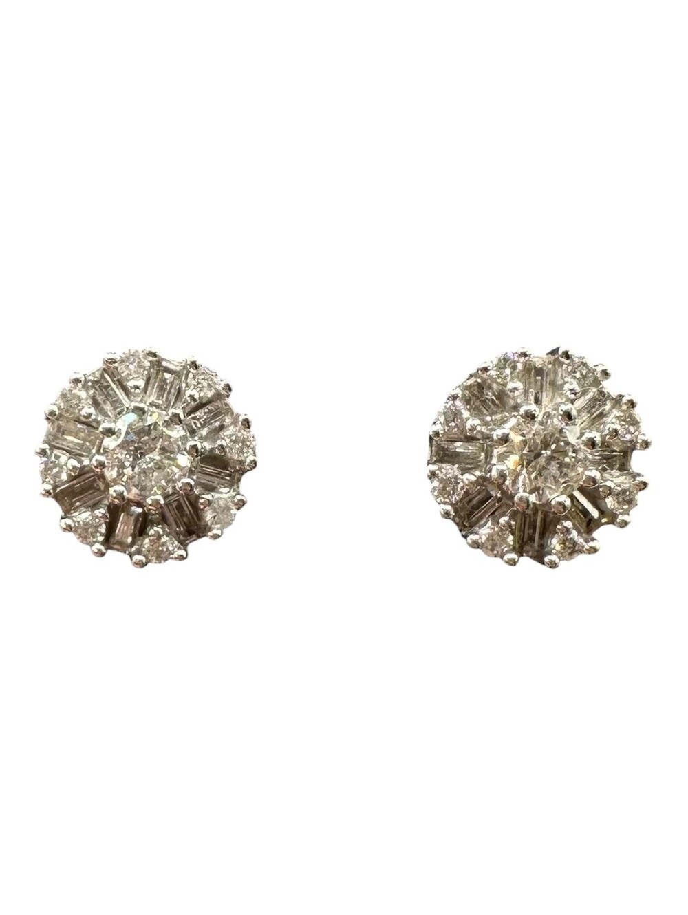 Round Baguette Diamond Stud Earrings 10K White Gold 0.75ctw